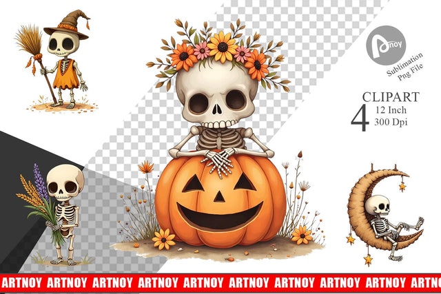 Boho Skeleton Halloween Clipart Sublimation artnoy 
