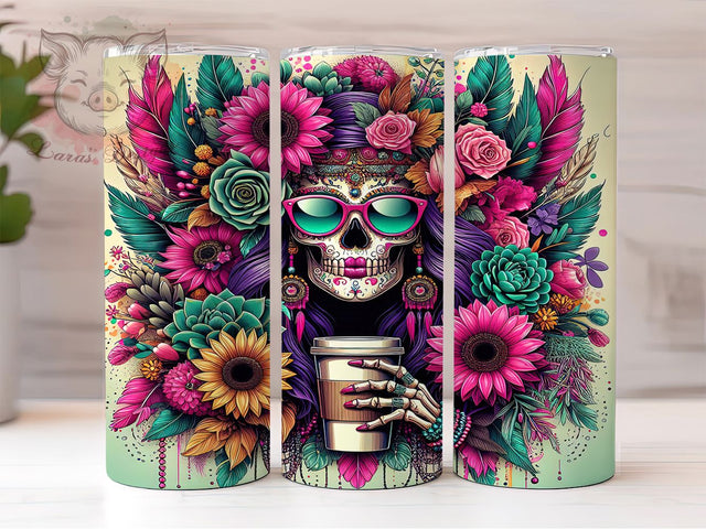 Boho Skeleton Headdress Tumbler, Boho Coffee Tumbler, Skeleton Tumbler Design, Funny Tumbler Wrap, Headdress Tumbler, 20oz Skinny Tumbler, Bohemian Sublimation Wrap Sublimation Lara' s Designs 