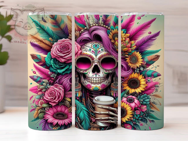Boho Skeleton Headdress Tumbler, Boho Coffee Tumbler, Skeleton Tumbler Design, Funny Tumbler Wrap, Headdress Tumbler, 20oz Skinny Tumbler, Bohemian Sublimation Wrap Sublimation Lara' s Designs 