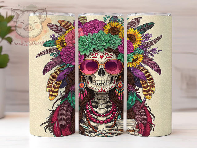 Boho Skeleton Headdress Tumbler, Boho Coffee Tumbler, Skeleton Tumbler Design, Funny Tumbler Wrap, Headdress Tumbler, 20oz Skinny Tumbler, Bohemian Sublimation Wrap Sublimation Lara' s Designs 
