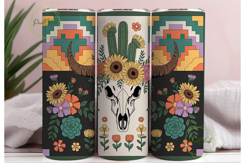 Boho Skull & Floral 20oz Tumbler Wrap Sublimation PixelChick 
