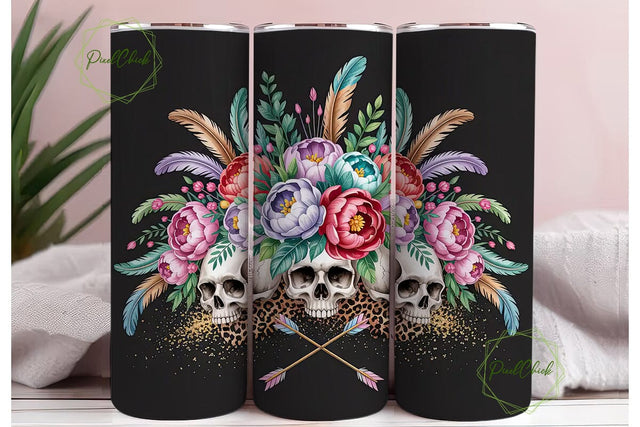 Boho Skull Floral Tumbler Wrap PNG Sublimation PixelChick 