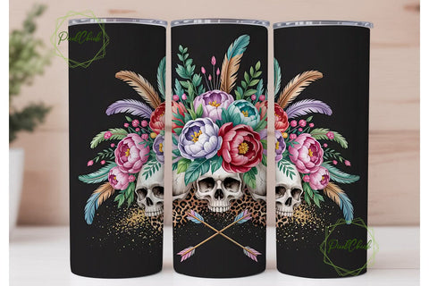 Boho Skull Floral Tumbler Wrap PNG Sublimation PixelChick 