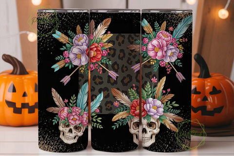 Boho Skull Floral Tumbler Wrap PNG Sublimation PixelChick 