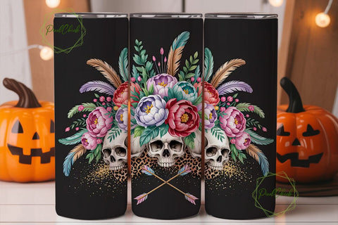 Boho Skull Floral Tumbler Wrap PNG Sublimation PixelChick 