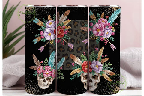Boho Skull Floral Tumbler Wrap PNG Sublimation PixelChick 