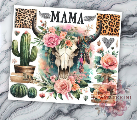 Boho Skull MAMA Roses 20oz Tumbler Wrap PNG, Boho MAMA Tumbler Png, Straight & Tapered Tumbler Wrap, Instant Digital Download Sublimation Li Zamperini 