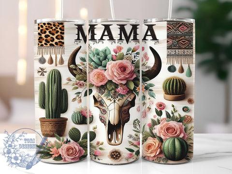 Boho Skull MAMA Roses Leopard 20oz Skinny Tumbler, Western Tumbler Png, Straight & Tapered Tumbler Wrap, Instant Digital Download Sublimation ToriDesigns 