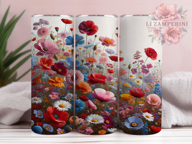 Boho Spring Wildflower Tumbler, Spring Floral Theme, Watercolor Bloom Design, Boho Chic Wrap, Romantic Garden Style, Seamless Nature Print, Colorful Rustic Aesthetic, 20Oz Tumbler, Sublimation Sublimation Li Zamperini 