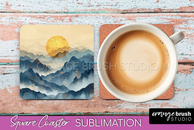 Boho Square Coaster Sublimation - Minimalist Landscape PNG Sublimation OrangeBrushStudio 
