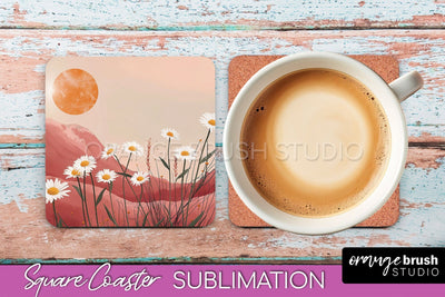Boho Square Coaster Sublimation - Minimalist Landscape PNG Sublimation OrangeBrushStudio 
