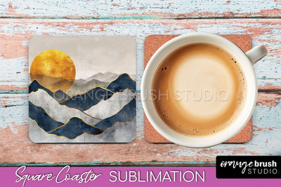 Boho Square Coaster Sublimation - Minimalist Landscape PNG Sublimation OrangeBrushStudio 