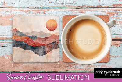 Boho Square Coaster Sublimation - Minimalist Landscape PNG Sublimation OrangeBrushStudio 