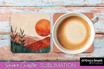Boho Square Coaster Sublimation - Minimalist Landscape PNG Sublimation OrangeBrushStudio 