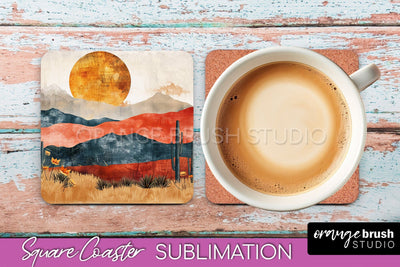 Boho Square Coaster Sublimation - Minimalist Landscape PNG Sublimation OrangeBrushStudio 