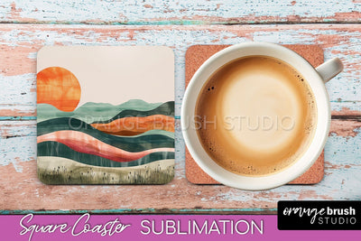 Boho Square Coaster Sublimation - Minimalist Landscape PNG Sublimation OrangeBrushStudio 