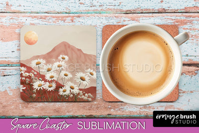 Boho Square Coaster Sublimation - Minimalist Landscape PNG Sublimation OrangeBrushStudio 