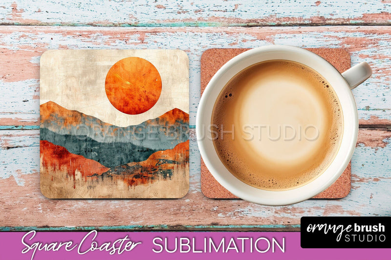 Boho Square Coaster Sublimation - Minimalist Landscape PNG Sublimation OrangeBrushStudio 