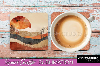Boho Square Coaster Sublimation - Minimalist Landscape PNG Sublimation OrangeBrushStudio 