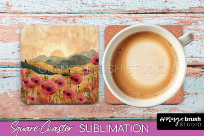 Boho Square Coaster Sublimation - Minimalist Landscape PNG Sublimation OrangeBrushStudio 