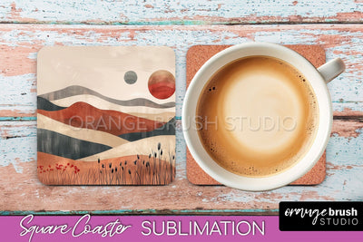 Boho Square Coaster Sublimation - Minimalist Landscape PNG Sublimation OrangeBrushStudio 