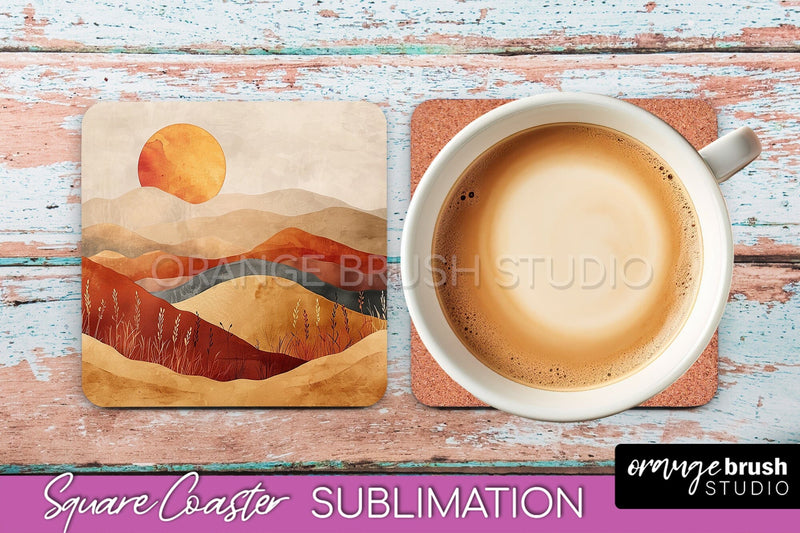 Boho Square Coaster Sublimation - Minimalist Landscape PNG Sublimation OrangeBrushStudio 