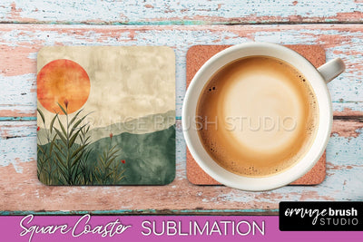 Boho Square Coaster Sublimation - Minimalist Landscape PNG Sublimation OrangeBrushStudio 