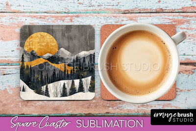 Boho Square Coaster Sublimation - Minimalist Landscape PNG Sublimation OrangeBrushStudio 
