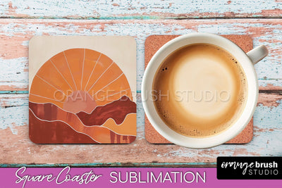 Boho Square Coaster Sublimation - Minimalist Landscape PNG Sublimation OrangeBrushStudio 