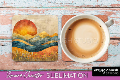 Boho Square Coaster Sublimation - Minimalist Landscape PNG Sublimation OrangeBrushStudio 