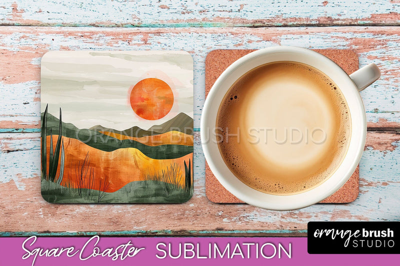 Boho Square Coaster Sublimation - Minimalist Landscape PNG Sublimation OrangeBrushStudio 