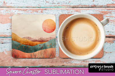 Boho Square Coaster Sublimation - Minimalist Landscape PNG Sublimation OrangeBrushStudio 