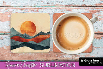 Boho Square Coaster Sublimation - Minimalist Landscape PNG Sublimation OrangeBrushStudio 