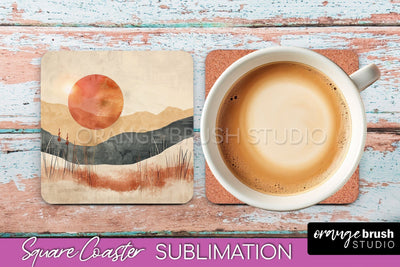 Boho Square Coaster Sublimation - Minimalist Landscape PNG Sublimation OrangeBrushStudio 