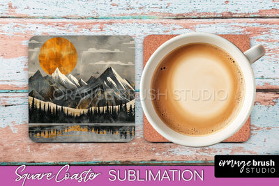 Boho Square Coaster Sublimation - Minimalist Landscape PNG Sublimation OrangeBrushStudio 
