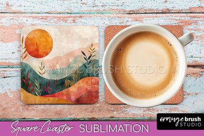 Boho Square Coaster Sublimation - Minimalist Landscape PNG Sublimation OrangeBrushStudio 