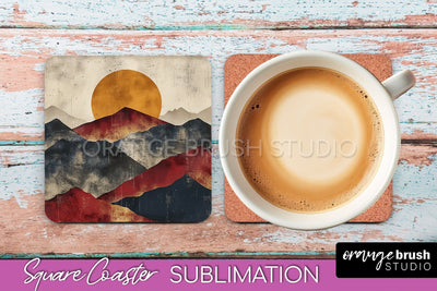 Boho Square Coaster Sublimation - Minimalist Landscape PNG Sublimation OrangeBrushStudio 