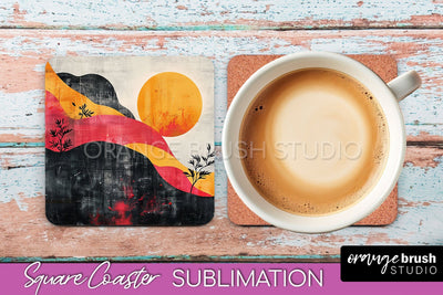 Boho Square Coaster Sublimation - Minimalist Landscape PNG Sublimation OrangeBrushStudio 
