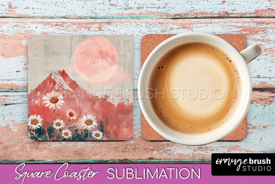 Boho Square Coaster Sublimation - Minimalist Landscape PNG Sublimation OrangeBrushStudio 