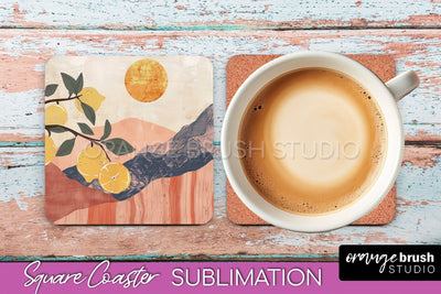Boho Square Coaster Sublimation - Minimalist Landscape PNG Sublimation OrangeBrushStudio 