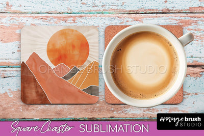 Boho Square Coaster Sublimation - Minimalist Landscape PNG Sublimation OrangeBrushStudio 