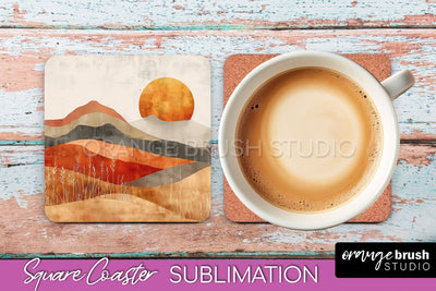 Boho Square Coaster Sublimation - Minimalist Landscape PNG Sublimation OrangeBrushStudio 