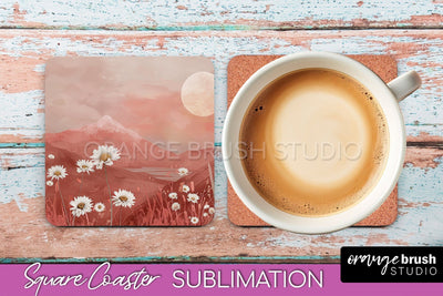 Boho Square Coaster Sublimation - Minimalist Landscape PNG Sublimation OrangeBrushStudio 