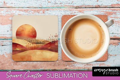 Boho Square Coaster Sublimation - Minimalist Landscape PNG Sublimation OrangeBrushStudio 