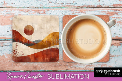 Boho Square Coaster Sublimation - Minimalist Landscape PNG Sublimation OrangeBrushStudio 