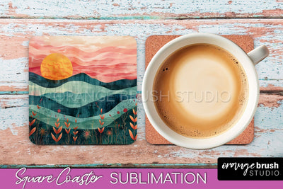 Boho Square Coaster Sublimation - Minimalist Landscape PNG Sublimation OrangeBrushStudio 