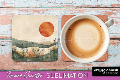 Boho Square Coaster Sublimation - Minimalist Landscape PNG Sublimation OrangeBrushStudio 