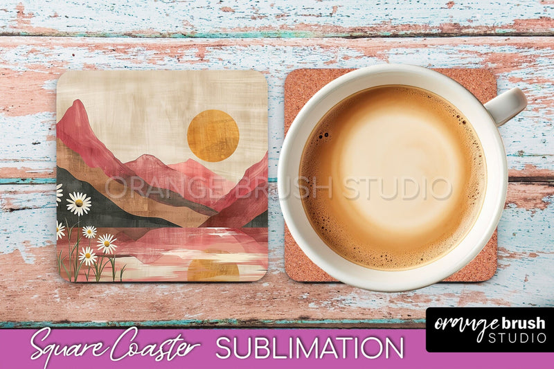 Boho Square Coaster Sublimation - Minimalist Landscape PNG Sublimation OrangeBrushStudio 