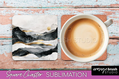 Boho Square Coaster Sublimation - Minimalist Landscape PNG Sublimation OrangeBrushStudio 