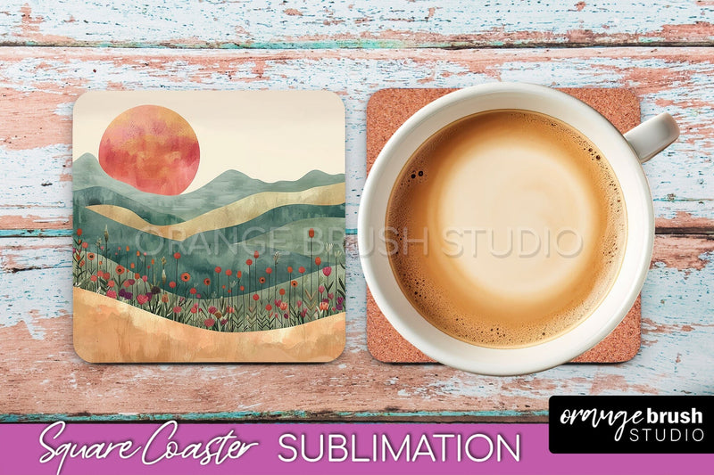 Boho Square Coaster Sublimation - Minimalist Landscape PNG Sublimation OrangeBrushStudio 